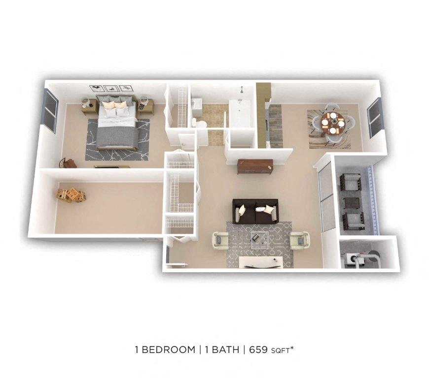 Floor plan for 1 bed, 1 bath, 659 sqft